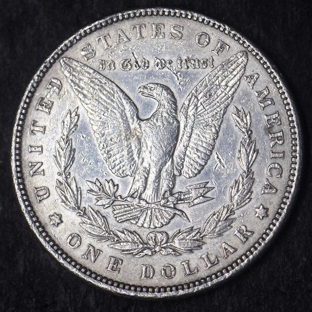 1897 Morgan dollar VAM 6A Pitted Reverse showing raised pitting below eagle tail feathers on reverse