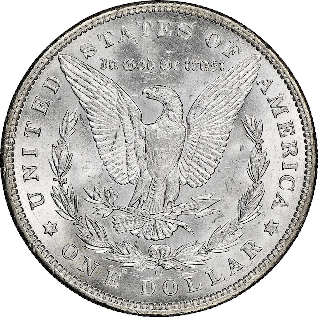 1897-O Morgan dollar obverse and reverse showing New Orleans O mint mark above ONE DOLLAR on reverse