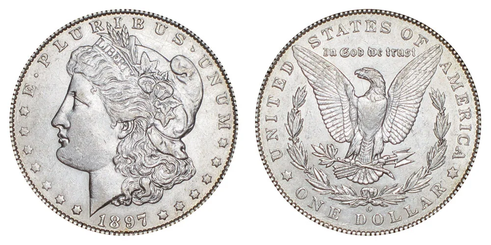 1897 Morgan dollar grading strip showing four condition tiers from worn to gem mint state